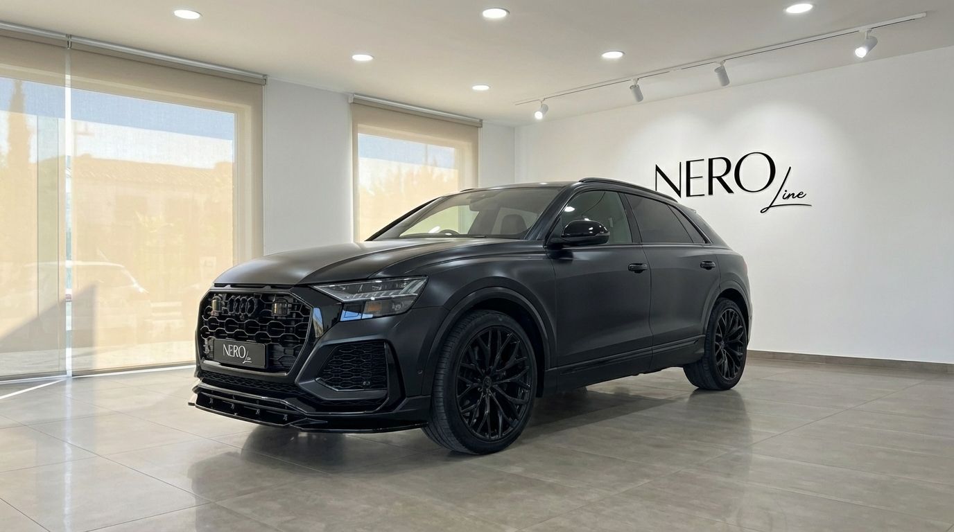 A matte black Audi SQ8 RS Body, 2020 model, displayed in a showroom in Alicante, Spain, showcasing its aggressive front design.