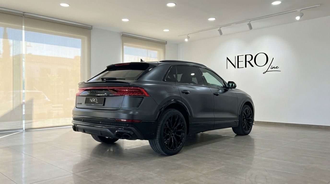 The matte black Audi SQ8 RS Body is showcased from a rear three-quarter angle in a showroom in Alicante.
