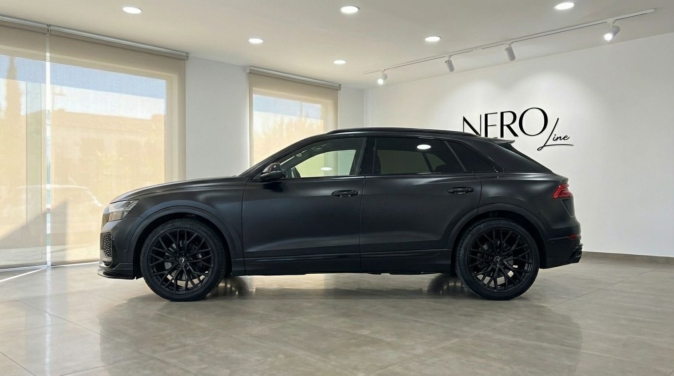 The matte black Audi SQ8 RS Body is showcased from its side profile in a bright showroom in Alicante.