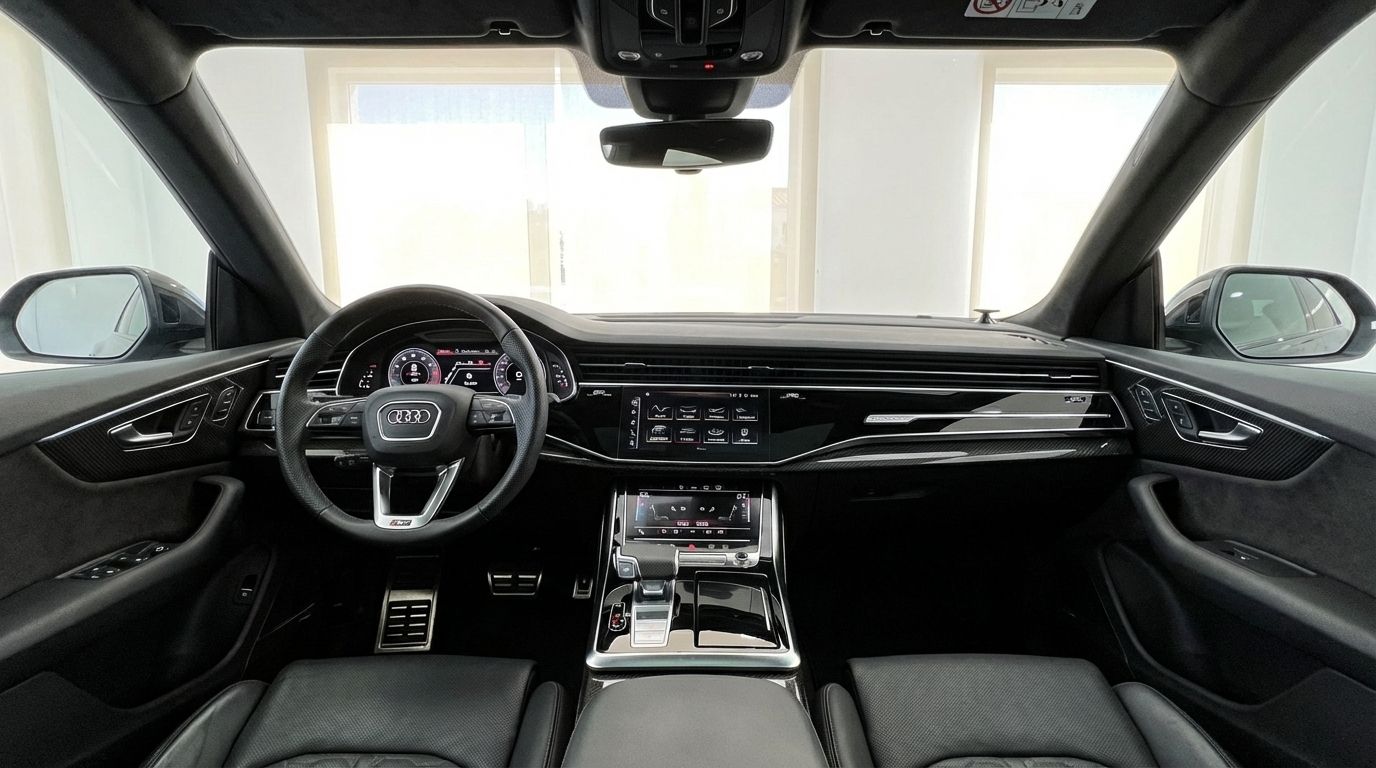 The luxurious interior of the Audi RS Q8, showcasing the steering wheel, digital dashboard, and dual infotainment screens in Alicante.