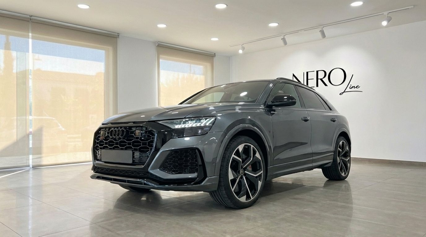 The metallic gray Audi RS Q8 performance SUV is showcased from a front three-quarter view in a bright showroom in Alicante.