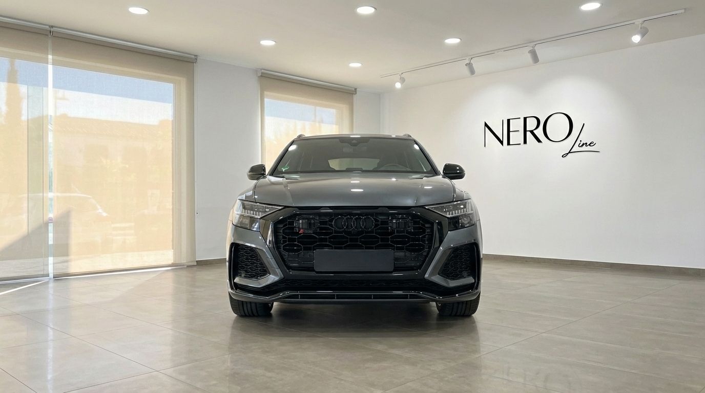 The metallic gray Audi RS Q8 is prominently displayed from the front in a bright showroom in Alicante.