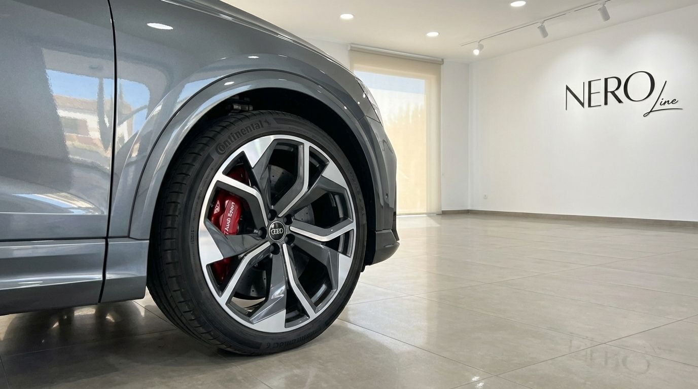 The metallic gray Audi RS Q8's front wheel with red brake calipers and side body in a showroom in Alicante.