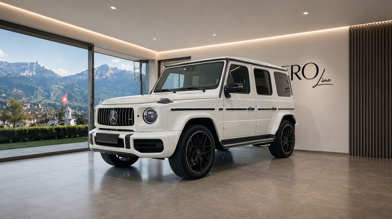 White Mercedes G63 – Weiss performance SUV displayed in a luxury showroom with Swiss mountains in Zurich visible through the window.