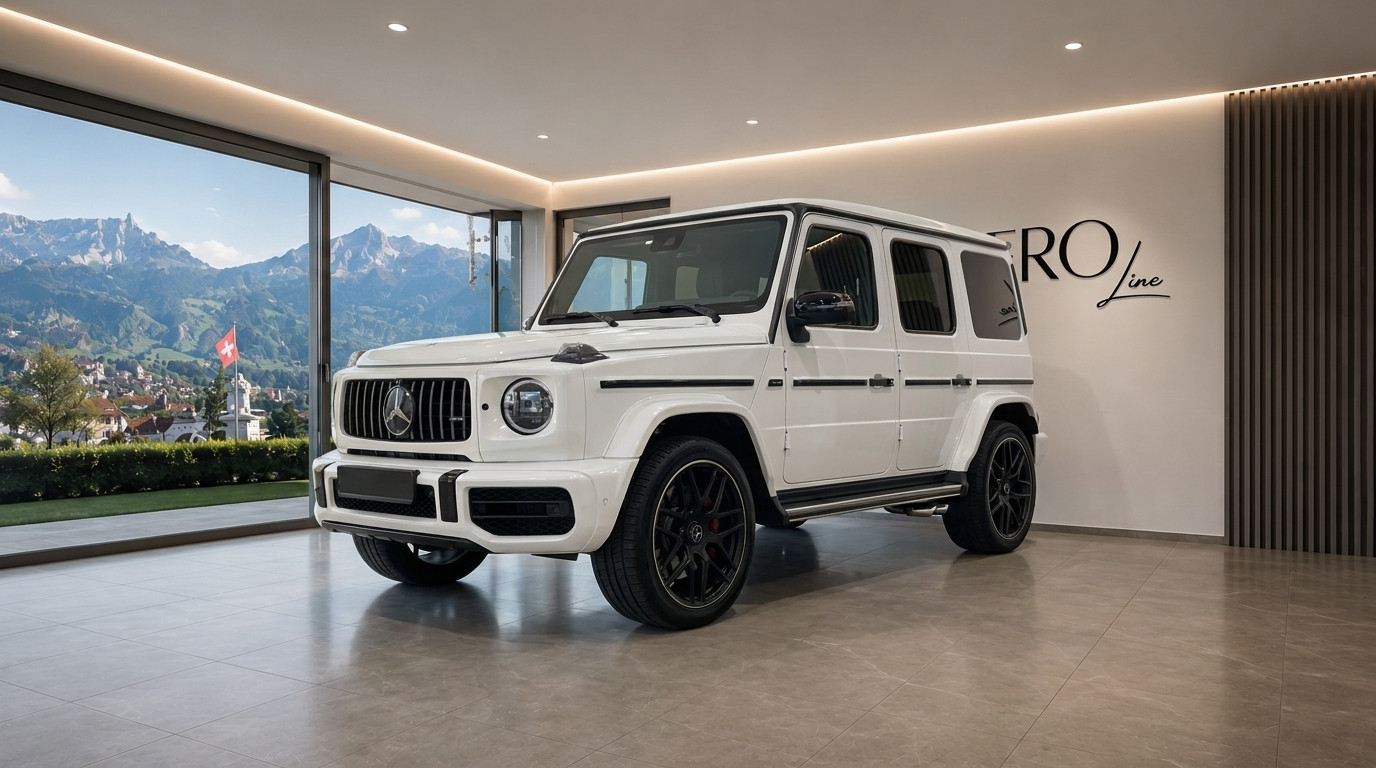 Mercedes G63 – Weiss — Luxury showroom in Zurich White Mercedes G63 – Weiss performance SUV displayed in a luxury showroom with Swiss mountains in Zurich visible through the window.