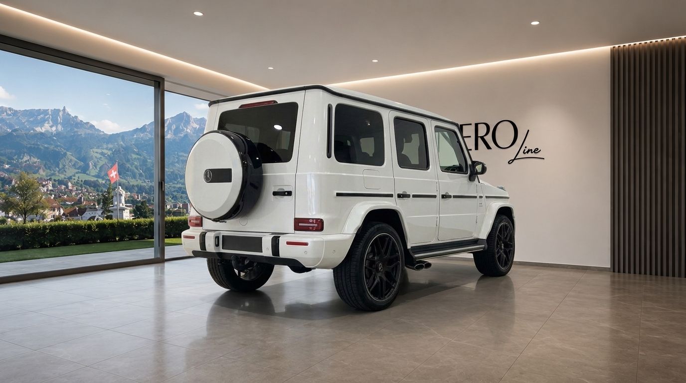 The white Mercedes G63 – Weiss is parked indoors, showcasing its rear three-quarter view with Swiss mountains and a town visible through a large window in Zurich.