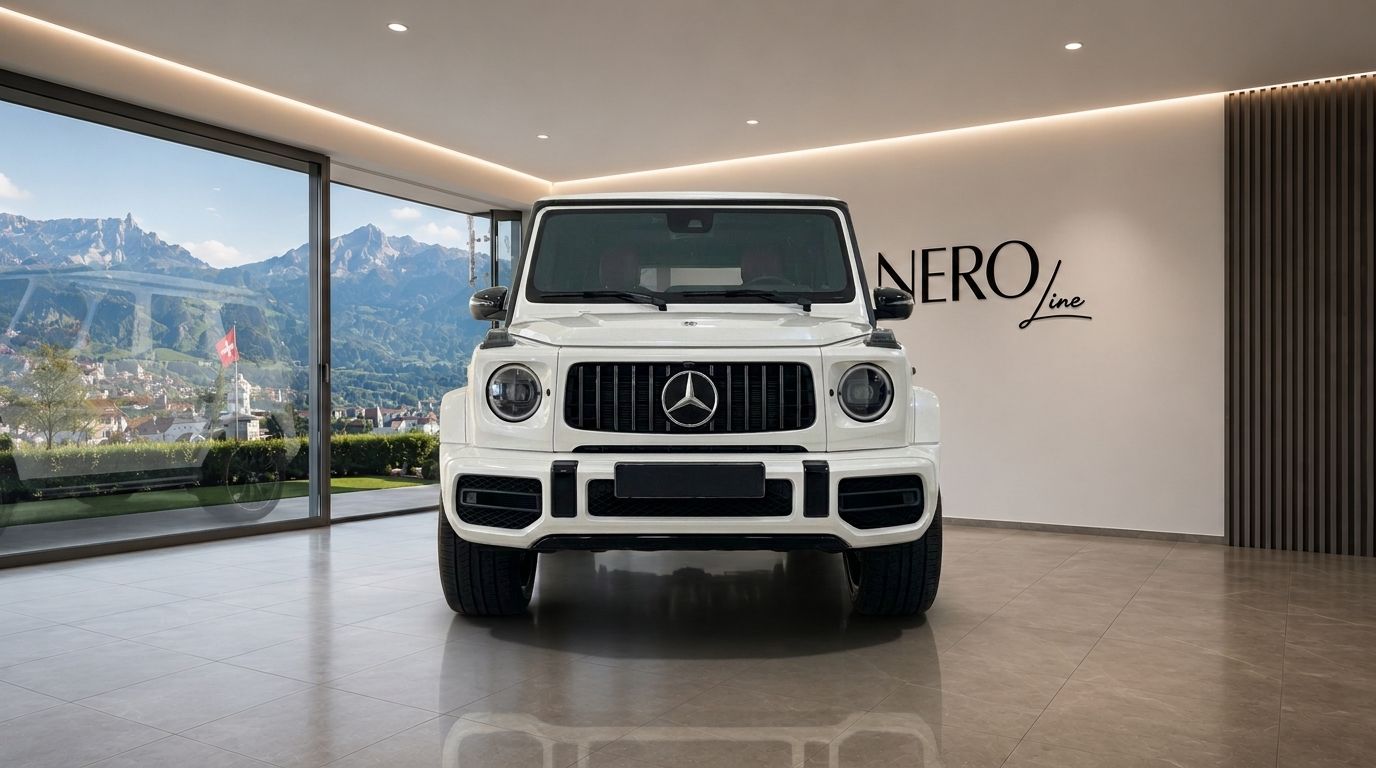 The white Mercedes-AMG G63 – Weiss is parked front-on in a modern Zurich showroom, with mountains visible through a large window.