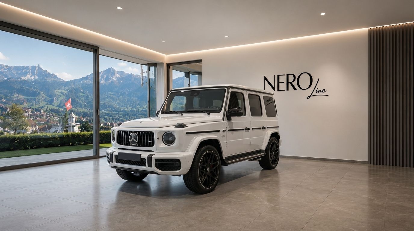 The white Mercedes-AMG G63 – Weiss is showcased in a luxury showroom with a panoramic view of the mountains in Zurich.