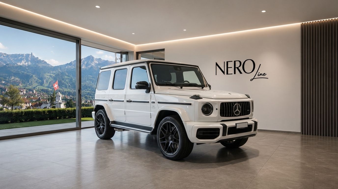 A white Mercedes G63 – Weiss is parked in a modern showroom, with a panoramic view of mountains and Zurich, Switzerland.
