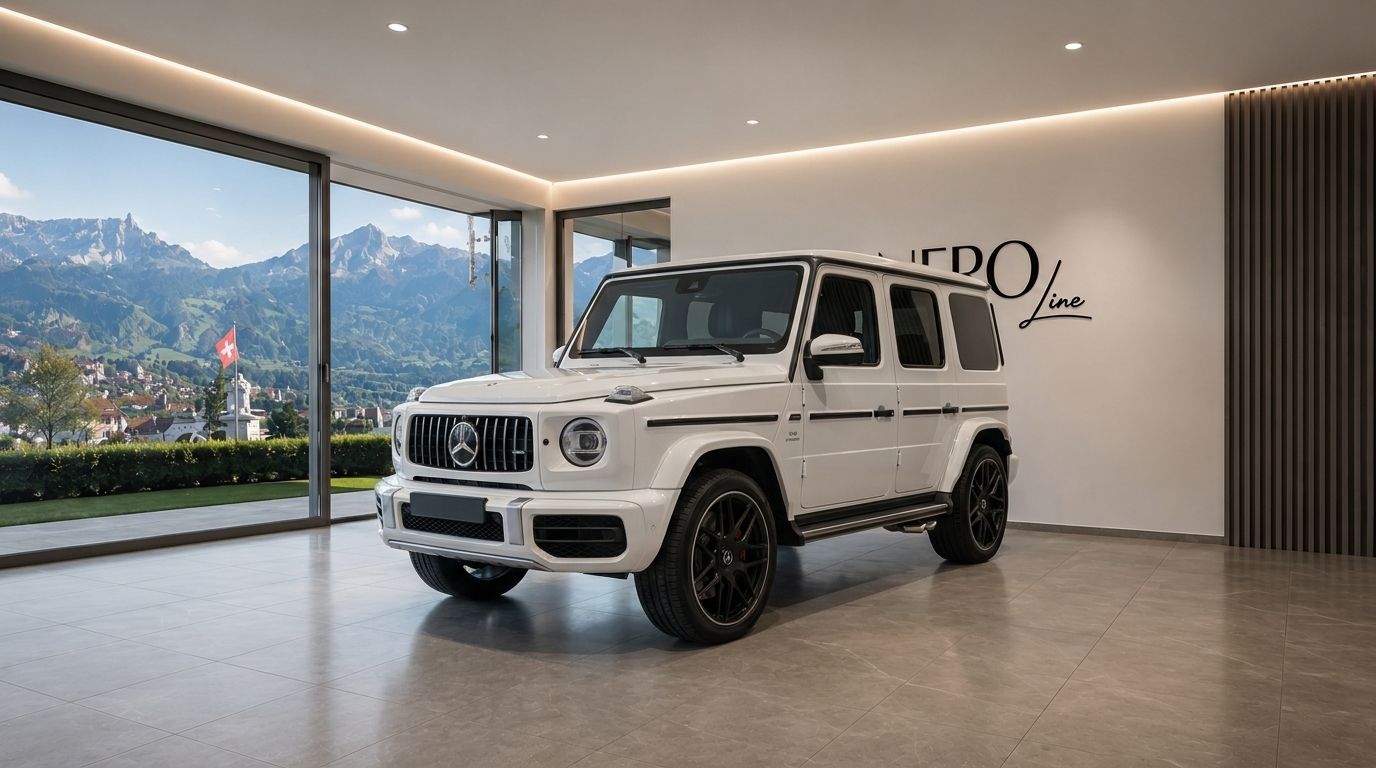 A pristine white Mercedes-AMG G63 – Weiss is showcased in a luxury showroom in Zurich, with a panoramic view of the Swiss mountains.