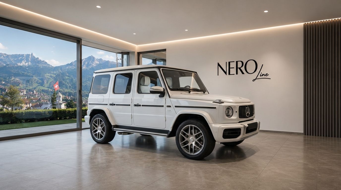A white 2026 Mercedes-AMG G63 – Weiss is parked in a modern Zurich showroom with a panoramic mountain view.