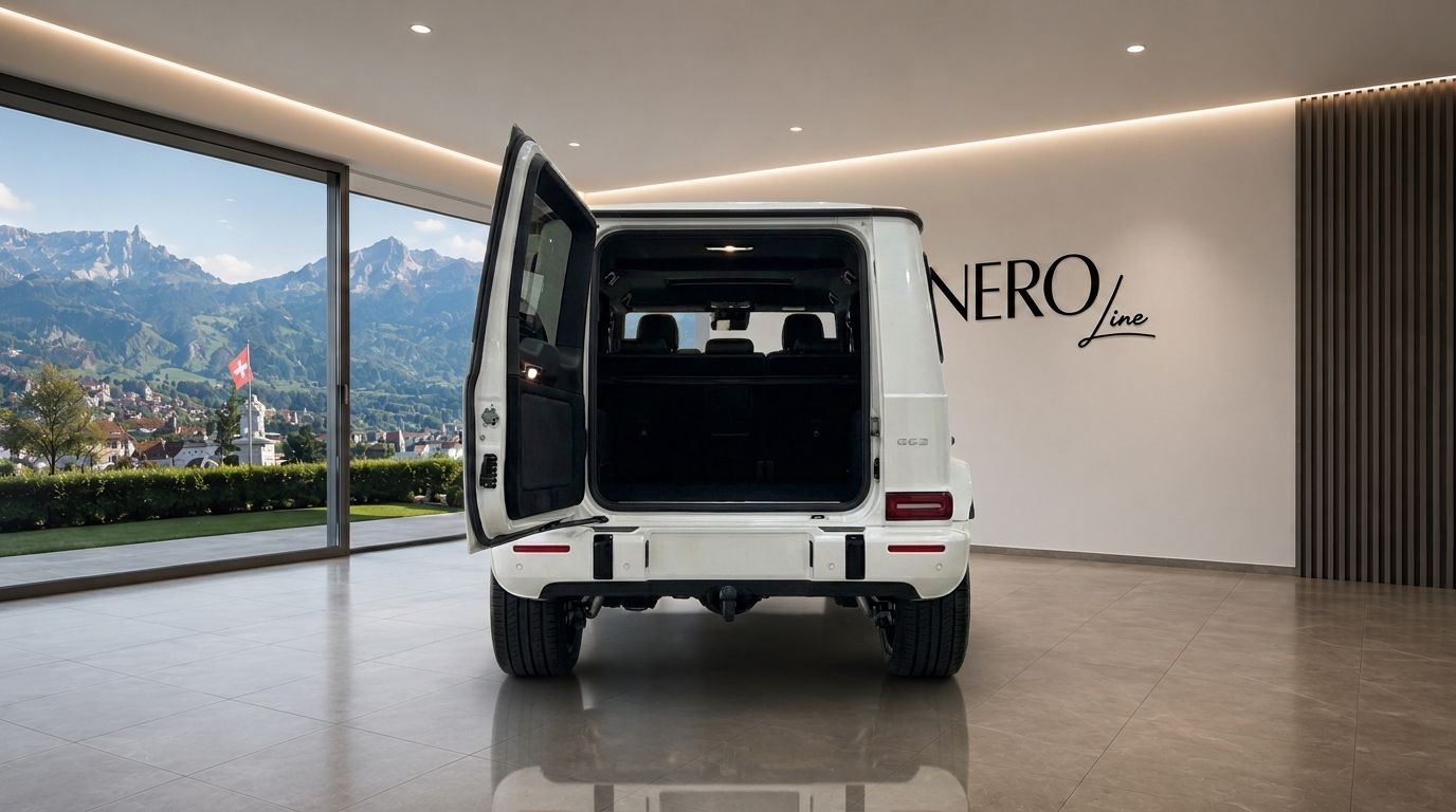 The white Mercedes G63 – Weiss is shown from the rear with its boot open, revealing the cargo area, in a showroom overlooking Zurich's mountains.
