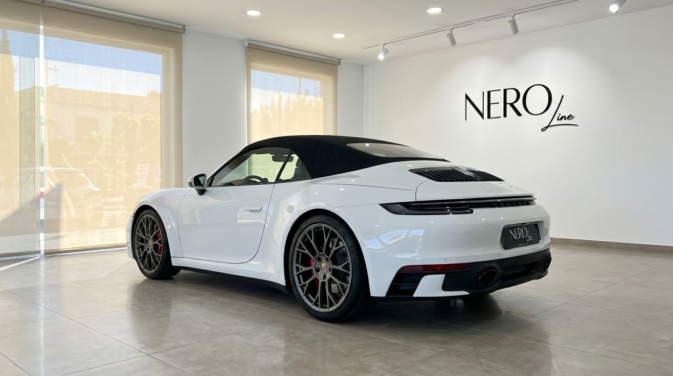 La Porsche Carrera S Cabriolet 992.2 blanche avec sa capote noire est présentée sous un angle arrière trois-quarts dans un showroom moderne à Madrid.