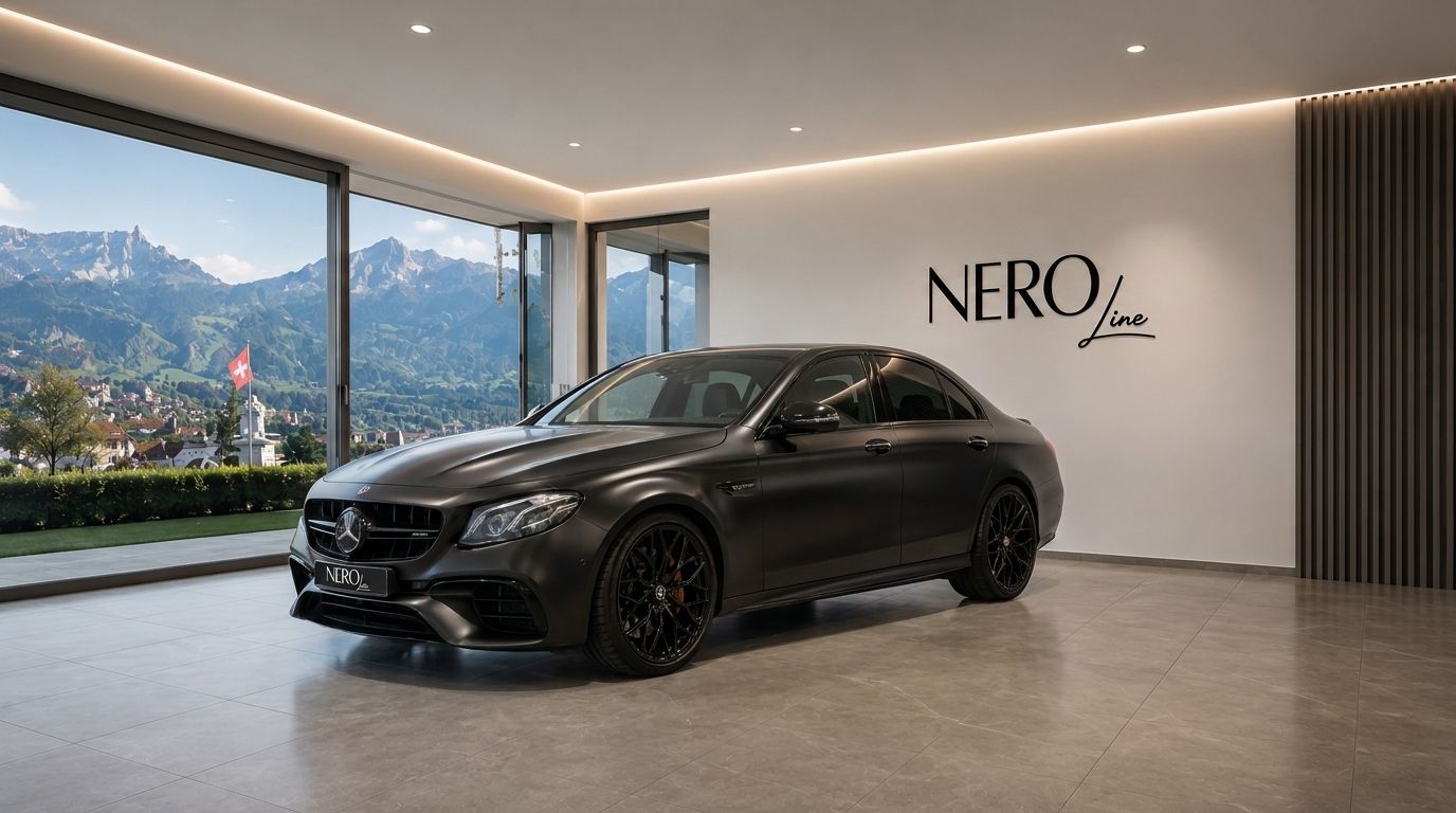 A matte black Mercedes-Benz E63S AMG sedan is parked in a modern showroom with a view of the Swiss Alps in Zurich.
