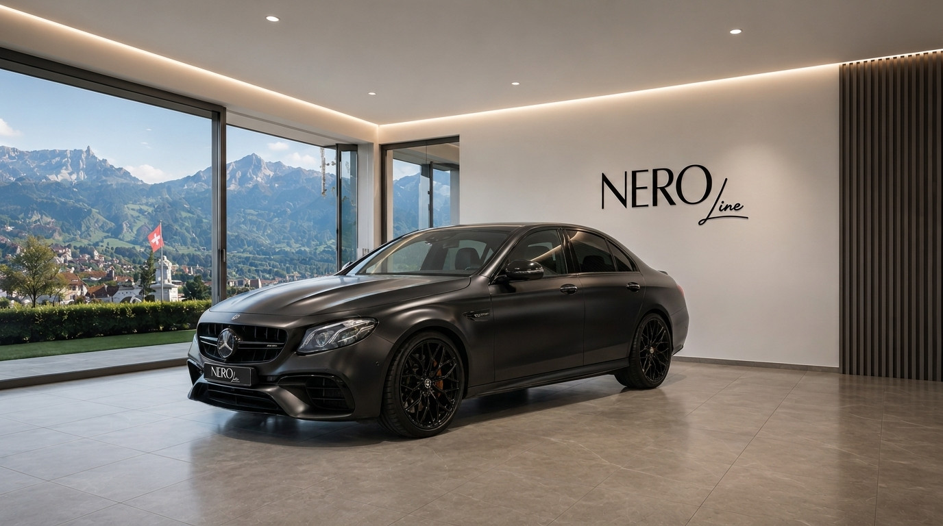 Mercedes-Benz E63S AMG — Zurich Showroom A matte black Mercedes-Benz E63S AMG sedan is parked in a modern showroom with a view of the Swiss Alps in Zurich.