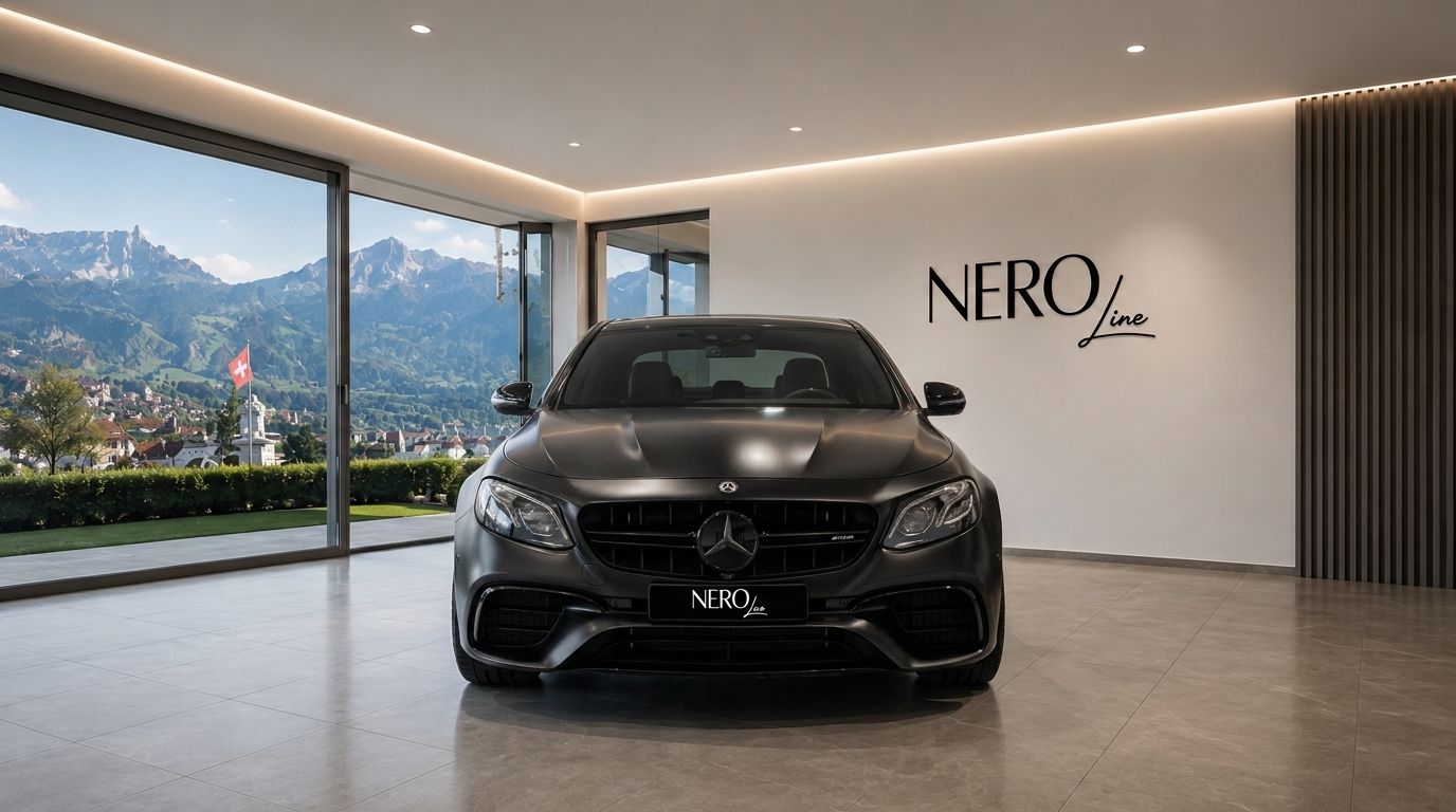The Mercedes-Benz E63S AMG is parked in a modern showroom, with a panoramic view of Zurich's mountains.