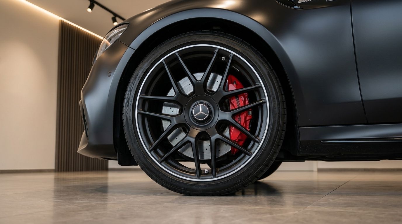 The matte black Mercedes-Benz E63S AMG showcases its front wheel with black multi-spoke rims and red brake calipers in Zurich.