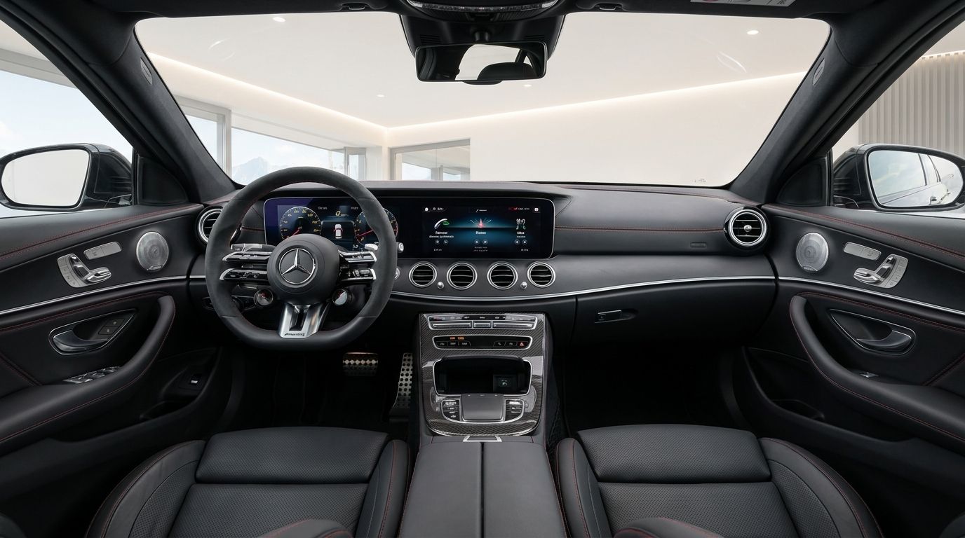 The luxurious cockpit of the Mercedes-Benz E63S AMG features a digital dashboard, steering wheel, and black leather seats with red stitching, available in Zurich.
