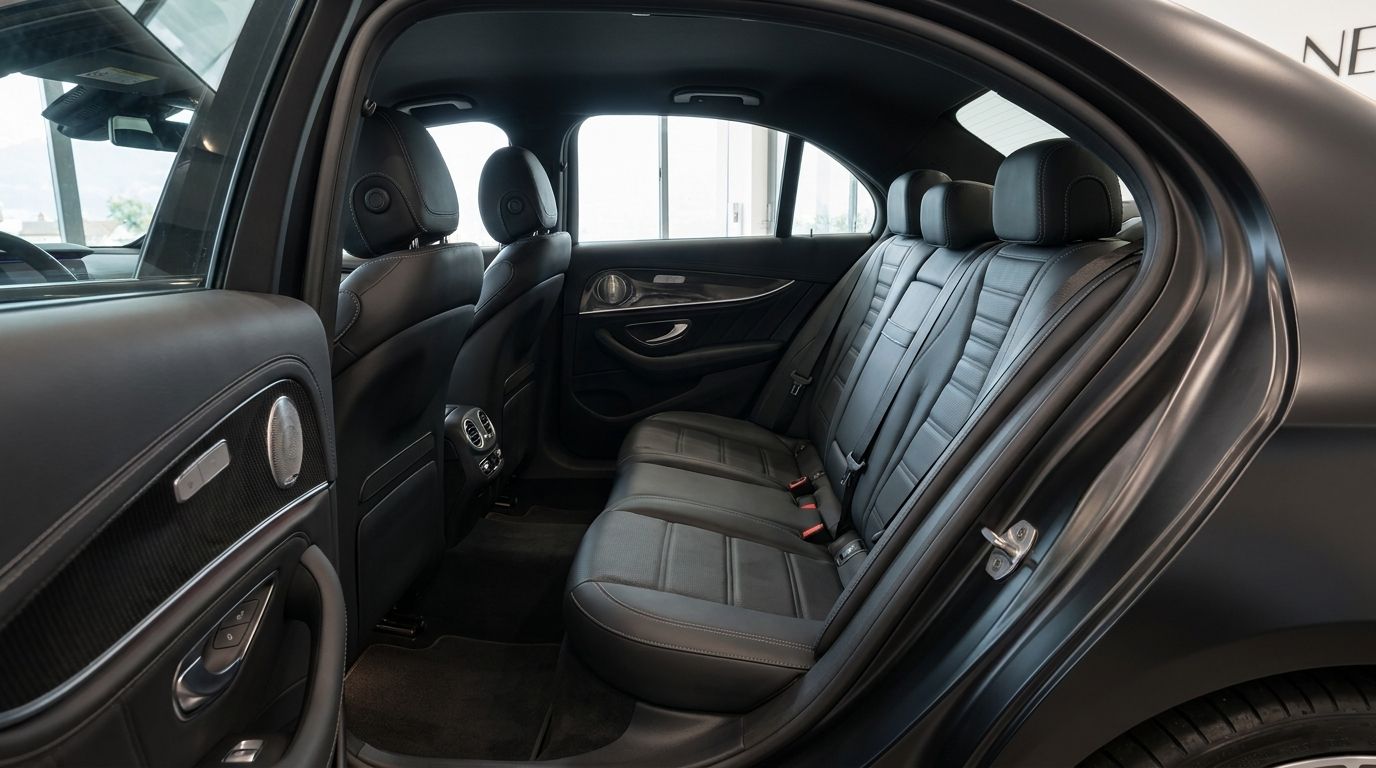 The rear interior of the Mercedes-Benz E63S AMG in Zurich, featuring black leather seats and carbon fiber door trim.