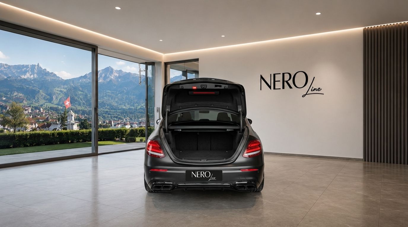 The rear view of a dark grey Mercedes-Benz E63S AMG with its trunk open, parked indoors in Zurich, showcasing a mountain vista.
