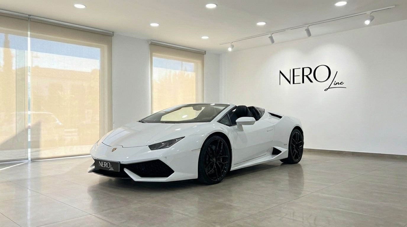 A white Lamborghini Huracan Spyder LP610-4 convertible is parked in a bright showroom in Alicante, showcasing its sleek design.