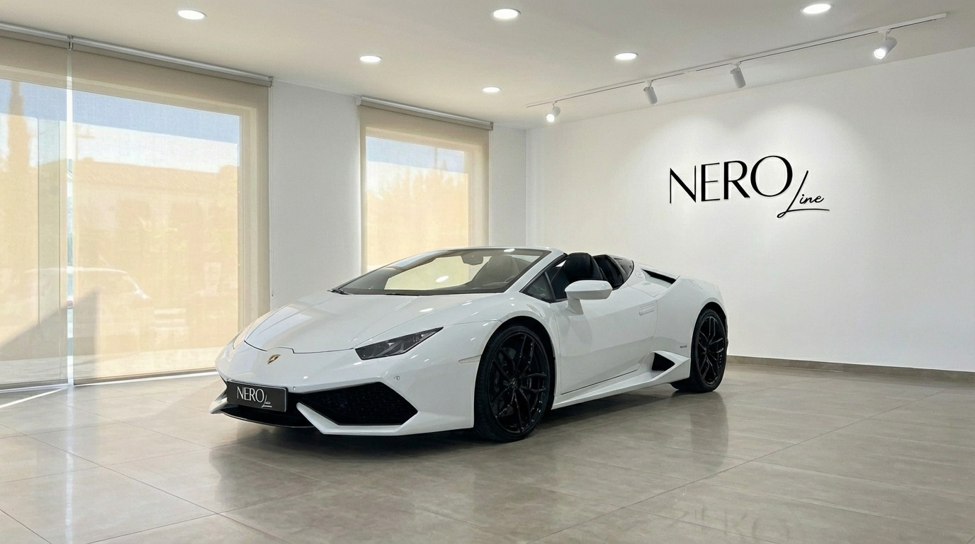 Lamborghini Huracan Spyder LP610-4 — Showroom Alicante A white Lamborghini Huracan Spyder LP610-4 convertible is parked in a bright showroom in Alicante, showcasing its sleek design.