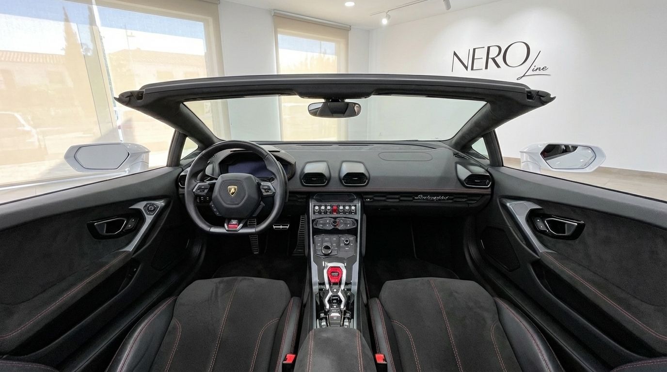 The luxurious cockpit of the Lamborghini Huracan Spyder LP610-4 in Alicante, featuring its dashboard, steering wheel, and black seats.