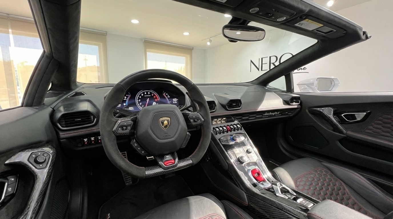 The luxurious cockpit of the Lamborghini Huracan Spyder LP610-4 in Alicante, featuring its distinctive steering wheel and advanced dashboard.
