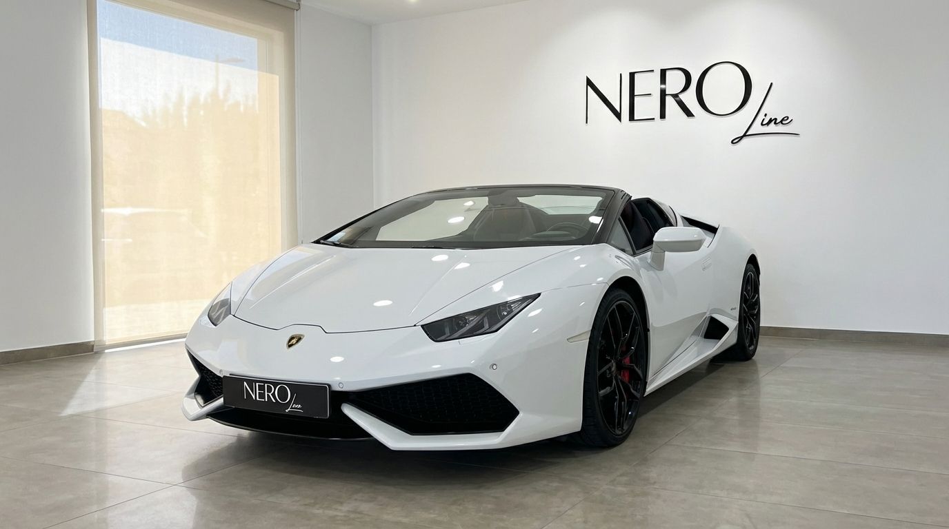 A white Lamborghini Huracan Spyder LP610-4 is parked in a showroom, captured from a front three-quarter angle in Alicante.