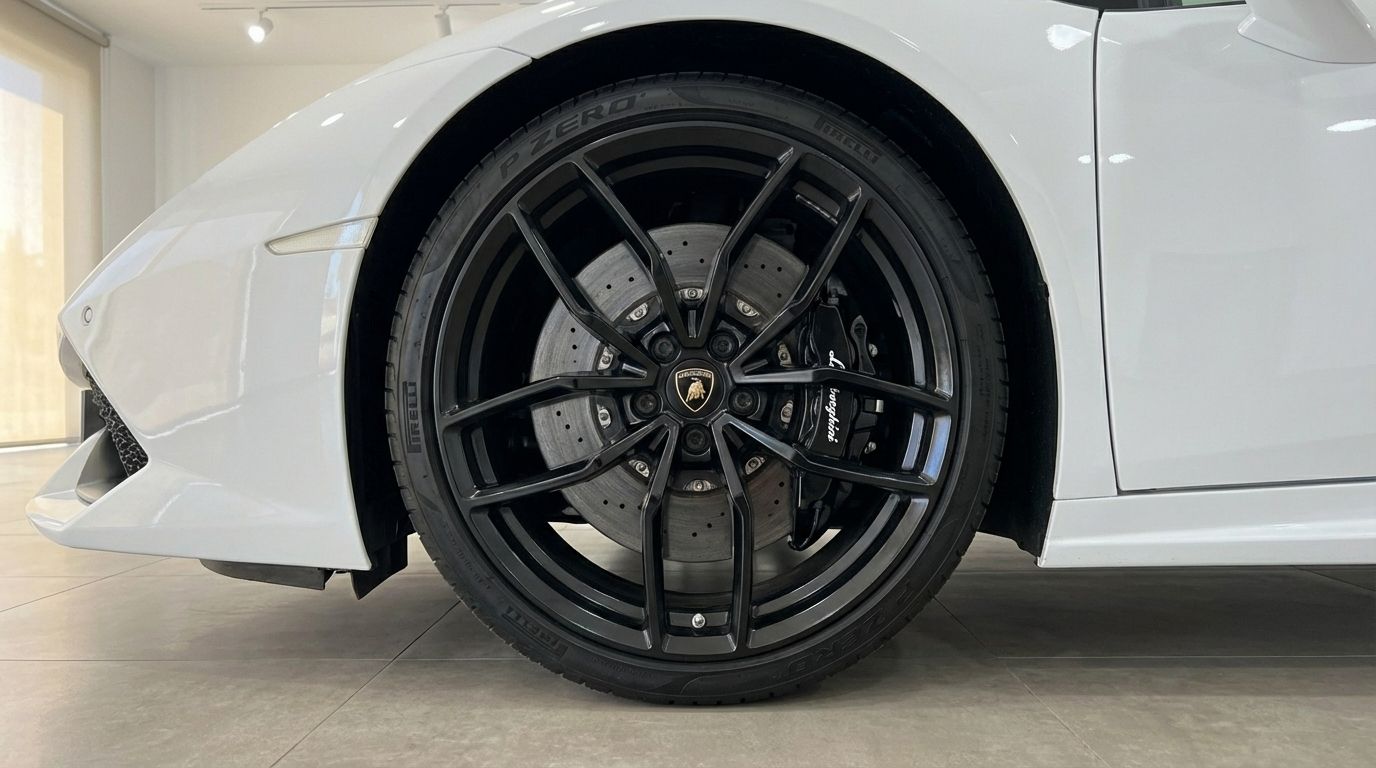 The white Lamborghini Huracan Spyder LP610-4's black front wheel and brake caliper are visible in Alicante.
