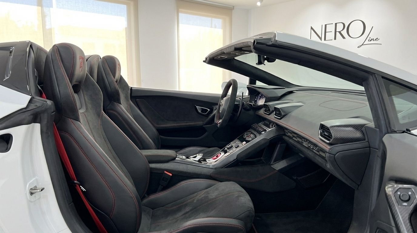 Interior of the Lamborghini Huracan Spyder LP610-4 in Alicante, showing black alcantara seats with red stitching and the detailed dashboard.