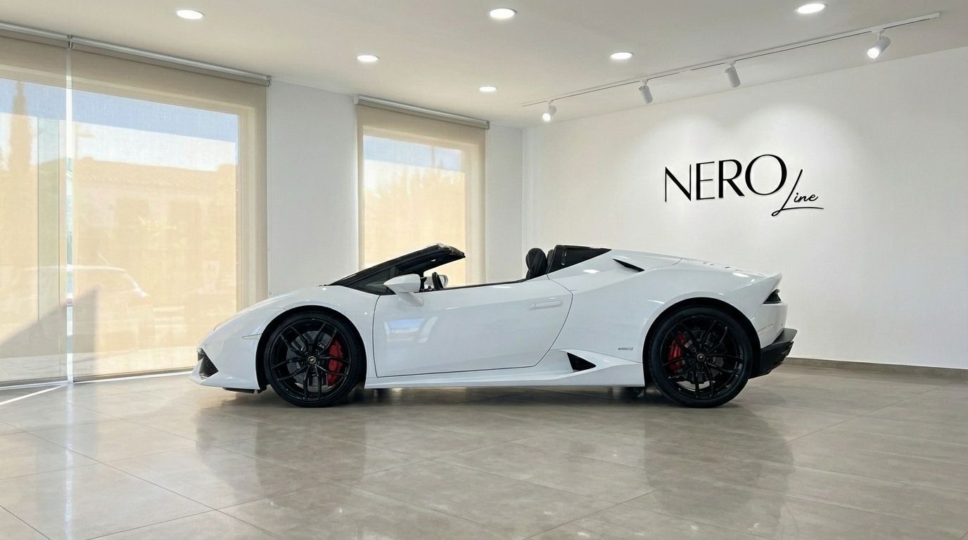 A white Lamborghini Huracan Spyder LP610-4 convertible is parked sideways in a bright showroom in Alicante.