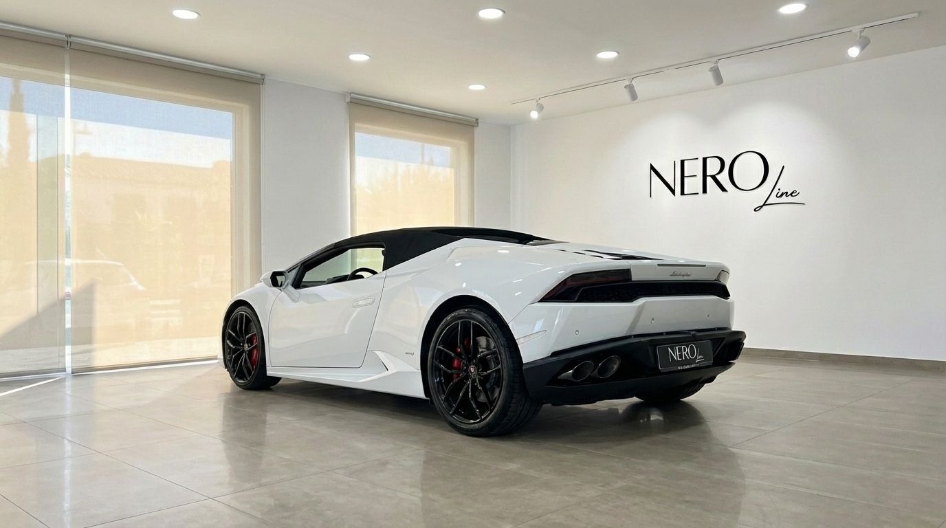 The white Lamborghini Huracan Spyder LP610-4 is parked in a showroom in Alicante, showcasing its sleek rear three-quarter view.