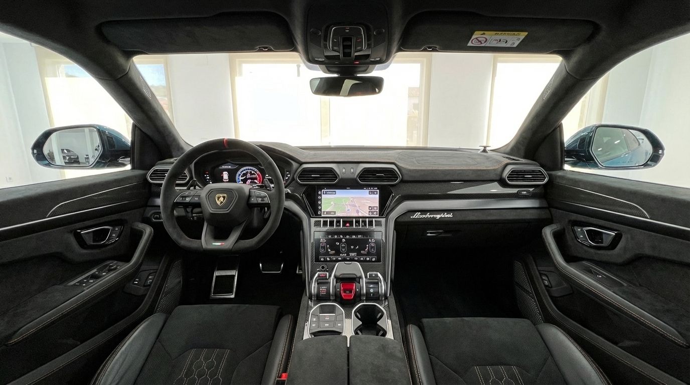 El lujoso interior del Lamborghini Urus Performante en Madrid, mostrando el salpicadero, el volante y la consola central.