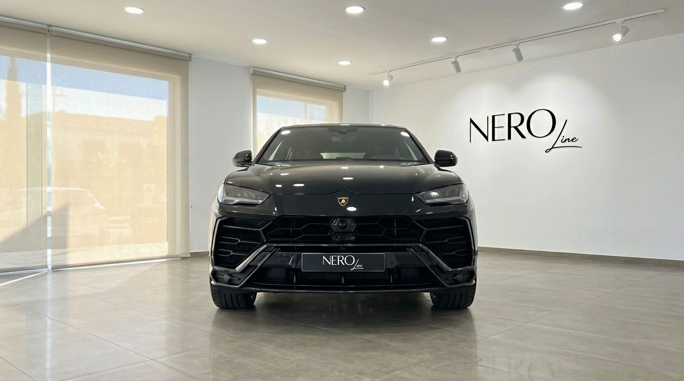 El Lamborghini Urus Performante 2024 negro brillante se exhibe desde una vista frontal directa en un concesionario en Madrid.