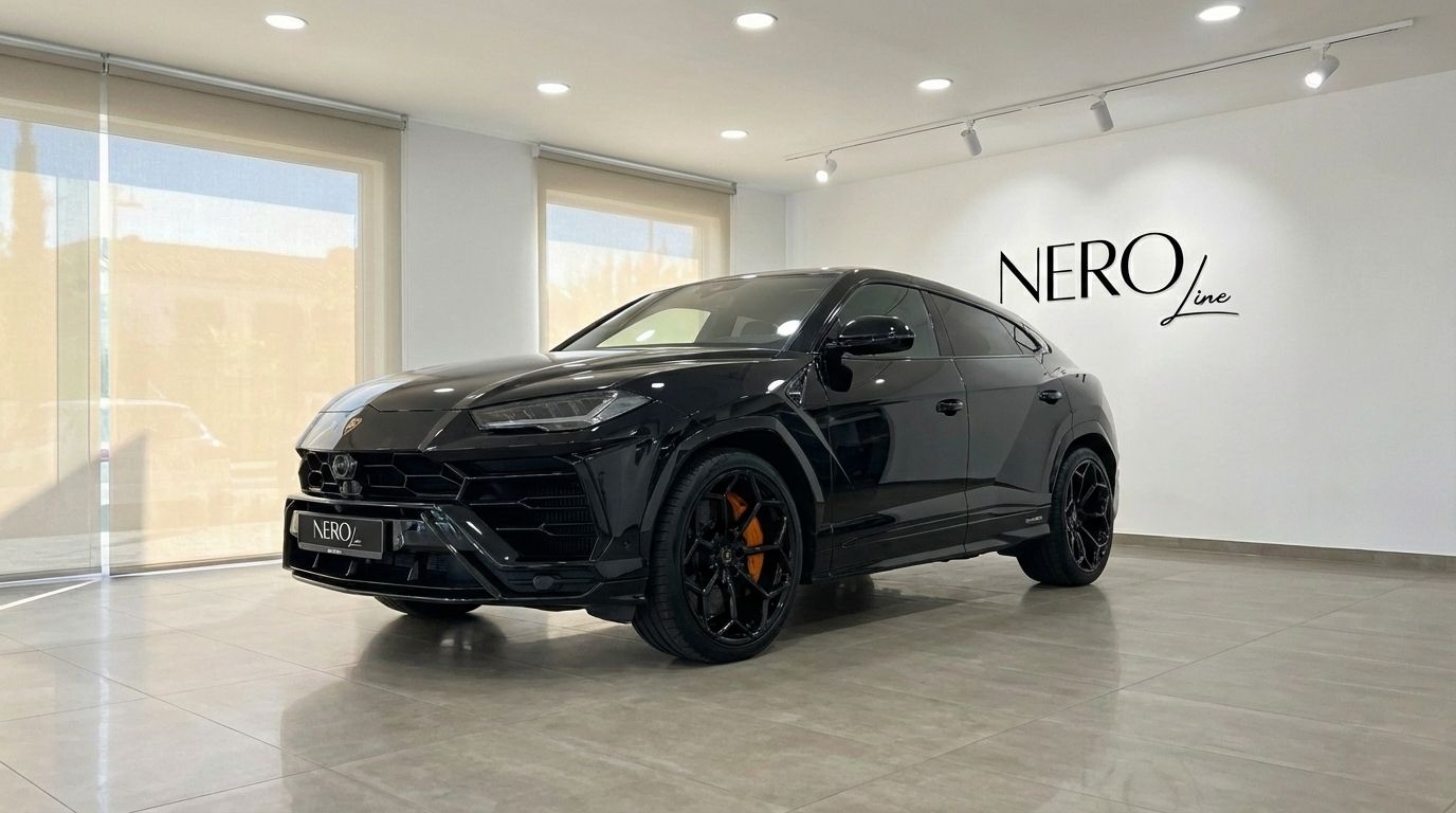 El Lamborghini Urus Performante negro brillante se exhibe en una vista tres cuartos frontal en un concesionario de Madrid.