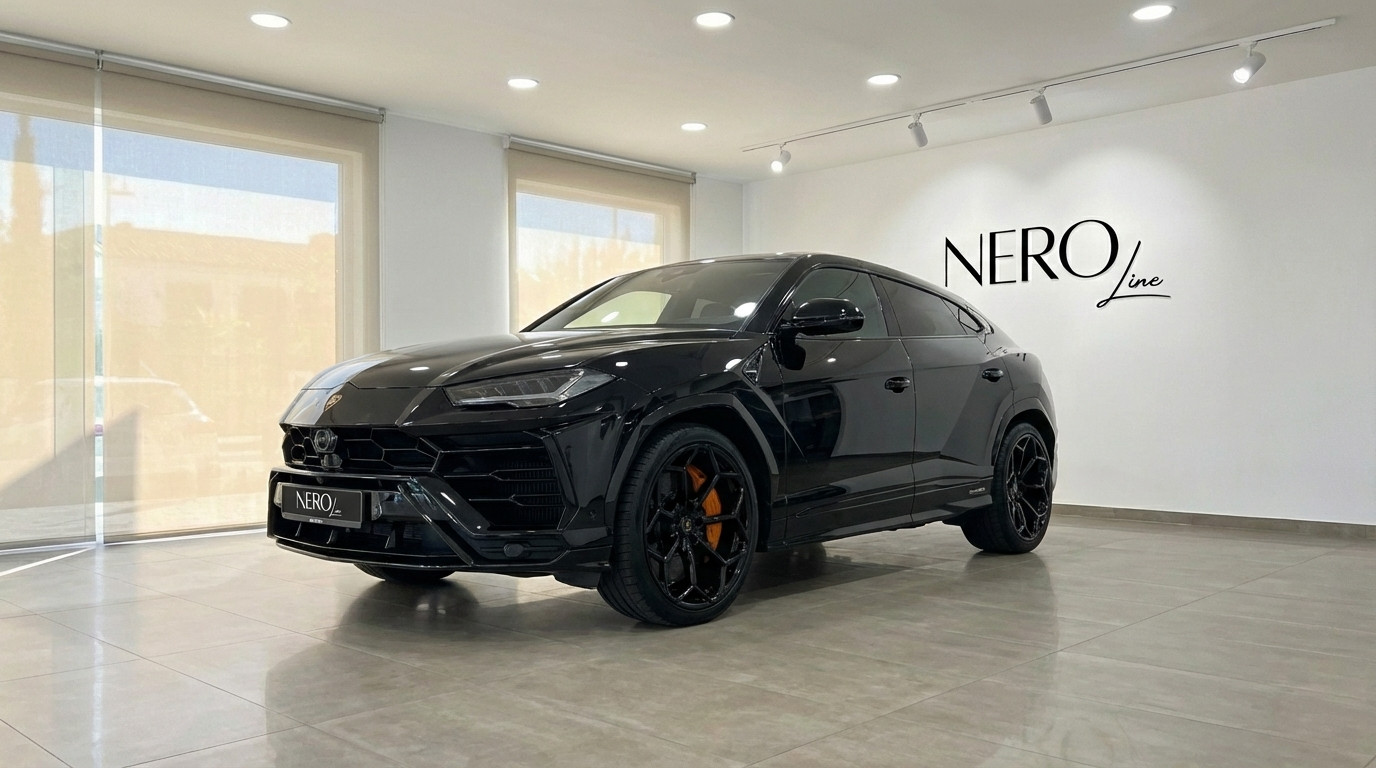 Lamborghini Urus Performante — Showroom Madrid El Lamborghini Urus Performante negro brillante se exhibe en una vista tres cuartos frontal en un concesionario de Madrid.
