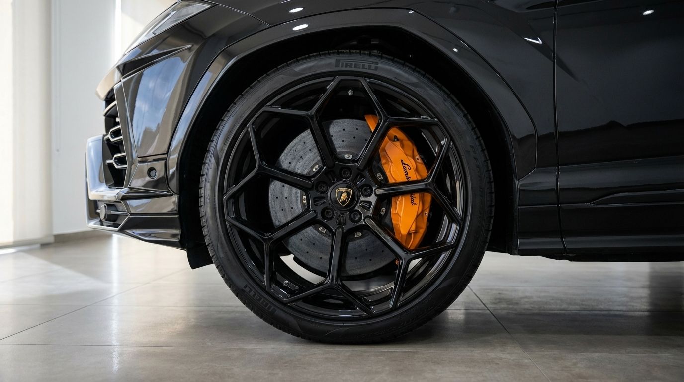 La rueda delantera del Lamborghini Urus Performante negro brillante con llamativas pinzas de freno naranjas, en Madrid.