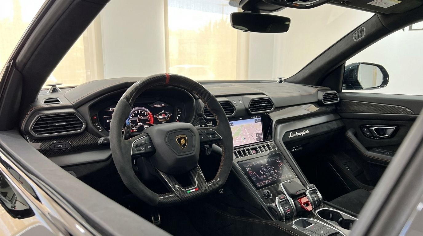 Lujoso interior del Lamborghini Urus Performante en Madrid, con volante, salpicadero y consola central de fibra de carbono.