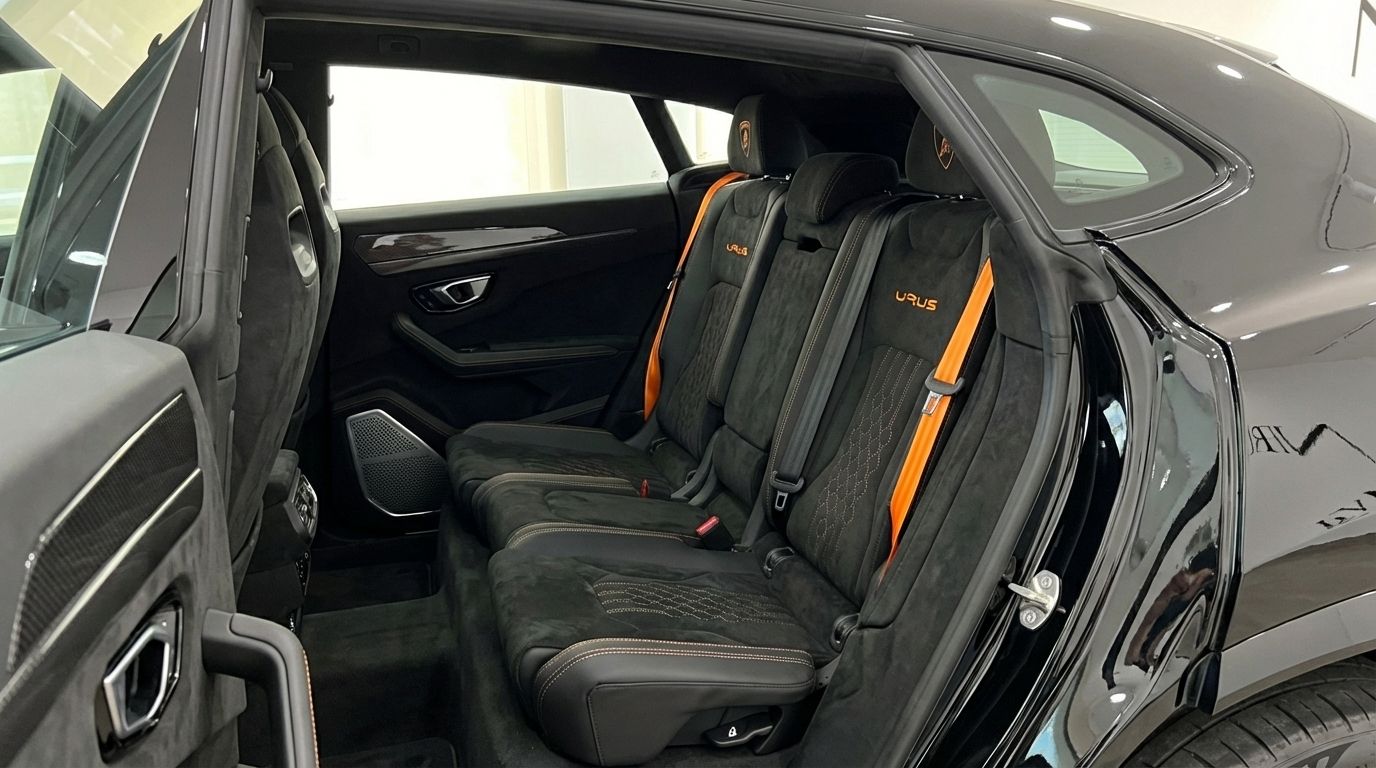 El interior trasero del Lamborghini Urus Performante en Madrid, con asientos de Alcantara negro y cinturones naranjas.