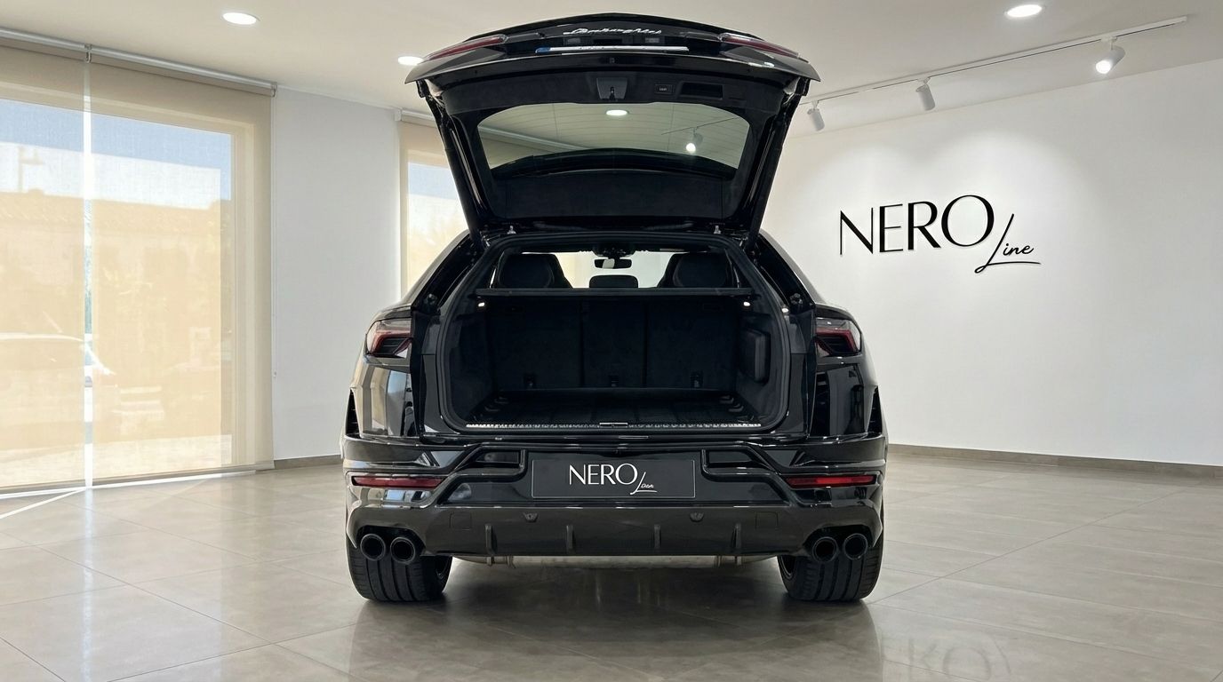 El Lamborghini Urus Performante negro brillante se muestra desde la parte trasera con el maletero abierto, revelando el espacioso área de carga en un showroom de Madrid.