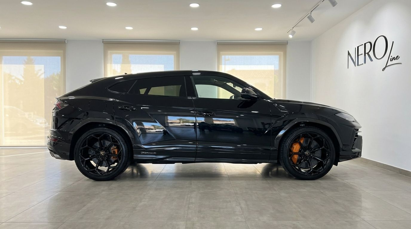 El Lamborghini Urus Performante negro brillante se exhibe en un concesionario de Madrid, mostrando su elegante perfil lateral y pinzas de freno naranjas.