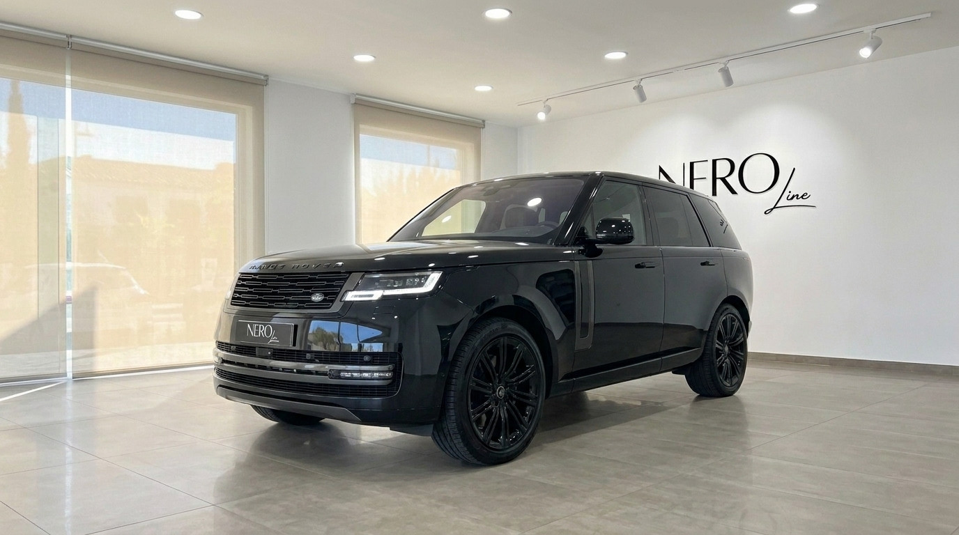 Land Rover Range Rover LWB P530 — Showroom Madrid The gloss Santorini Black Land Rover Range Rover LWB P530 Autobiography is parked in a Madrid showroom.