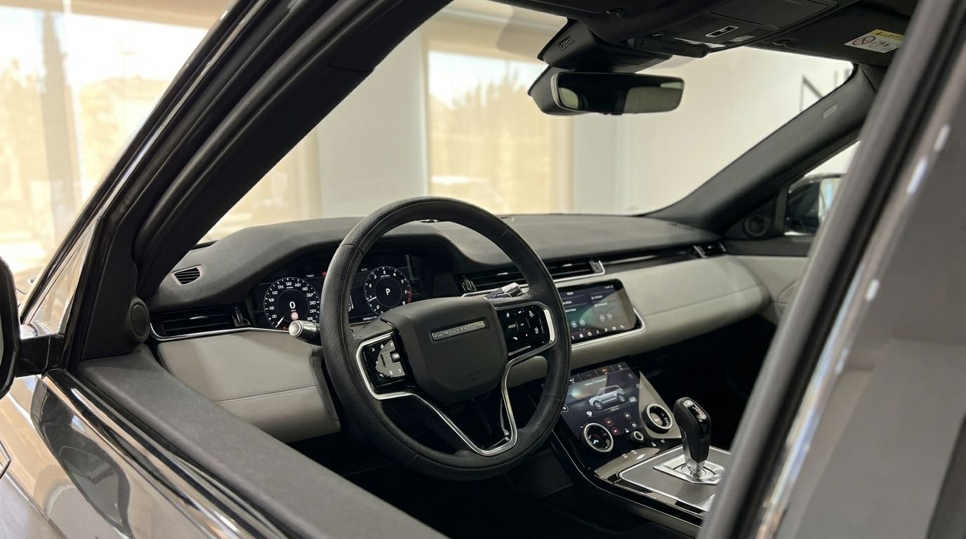 The luxurious interior of the Land Rover Range Rover Evoque R-Dynamic (1st) in Alicante, showing the steering wheel, digital dashboard, and infotainment system.