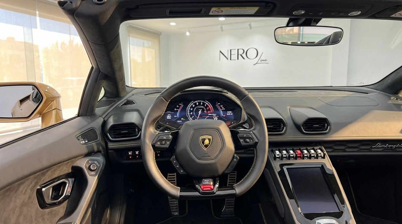 The luxurious interior of the Lamborghini Huracan Evo Spyder in Ibiza, showcasing the steering wheel, digital dashboard, and central console.