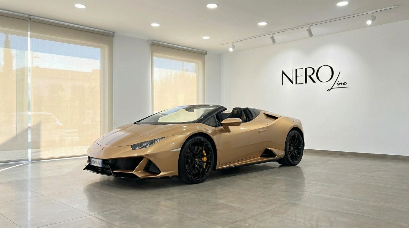 Lamborghini Huracan Evo Spyder — Ibiza showroom The golden beige 2024 Lamborghini Huracan Evo Spyder convertible is showcased from a front three-quarter view in a bright Ibiza showroom.