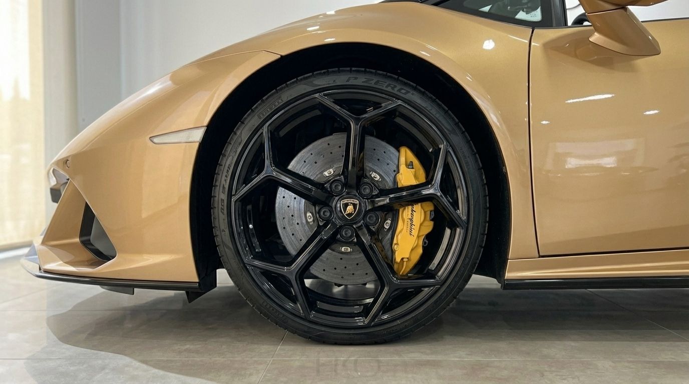 The golden beige Lamborghini Huracan Evo Spyder's front wheel, showcasing black rims and a vibrant yellow brake caliper, in Ibiza.