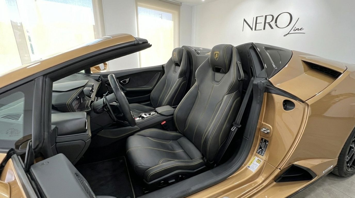 The luxurious black leather interior with golden stitching of the Lamborghini Huracan Evo Spyder, viewed from the open driver's side door in Ibiza.