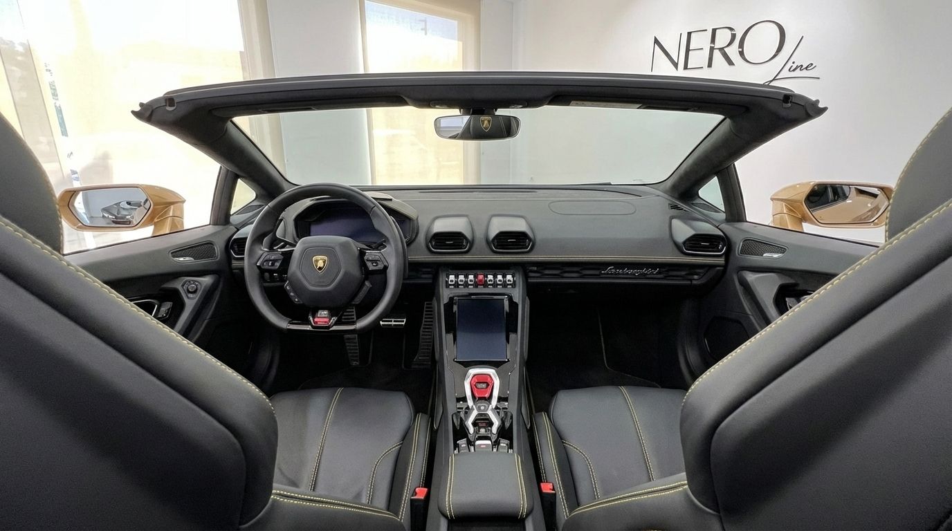 The luxurious interior of the Lamborghini Huracan Evo Spyder, featuring black leather seats with golden stitching, dashboard, and central console, available for rent in Ibiza.