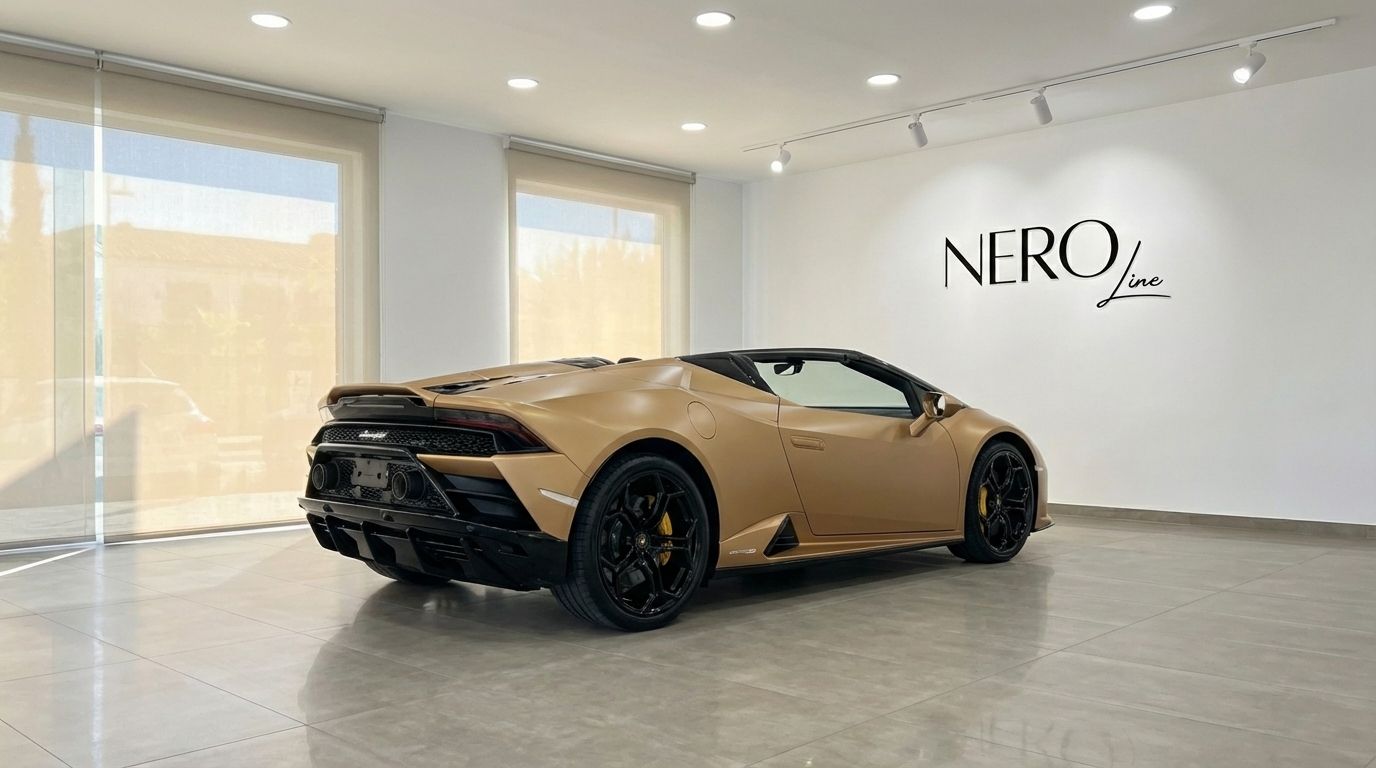 The golden beige Lamborghini Huracan Evo Spyder is showcased from a rear three-quarter view in a showroom in Ibiza.